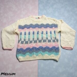 Vintage 80s Mister Noah Sweater Women's MEDIUM Pastel Knitted Fair Isle Chunky